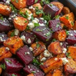 Roasted beets and sweet potatoes topped with feta and cilantro on a plate.