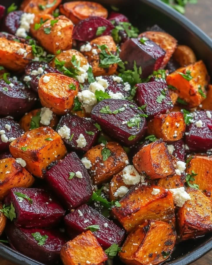 Roasted beets and sweet potatoes topped with feta and cilantro on a plate.