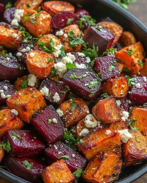 Roasted Beets and Sweet Potatoes topped with Feta and Cilantro on a plate