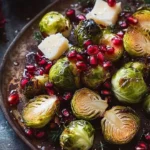 Roasted Brussels sprouts topped with balsamic fig glaze and pomegranate seeds.