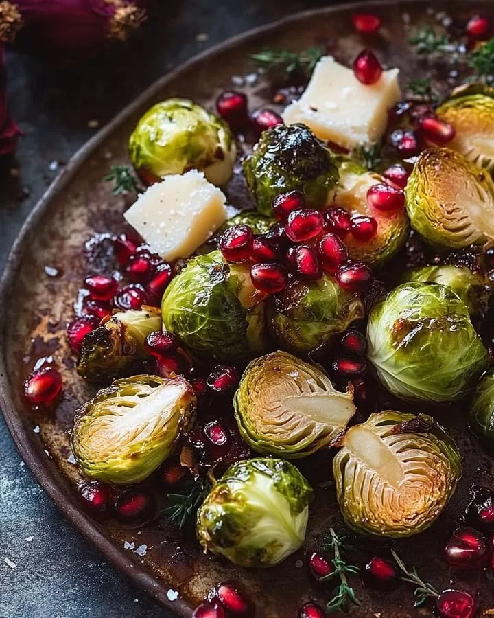 Roasted Brussels sprouts topped with balsamic fig glaze and pomegranate seeds.