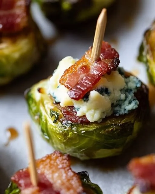 Roasted Brussels sprouts topped with blue cheese and bacon bites