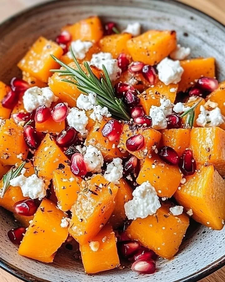 Bowl of delicious roasted butternut squash, garnished and ready to serve.