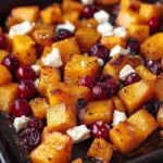 Roasted butternut squash topped with cranberries and feta cheese.