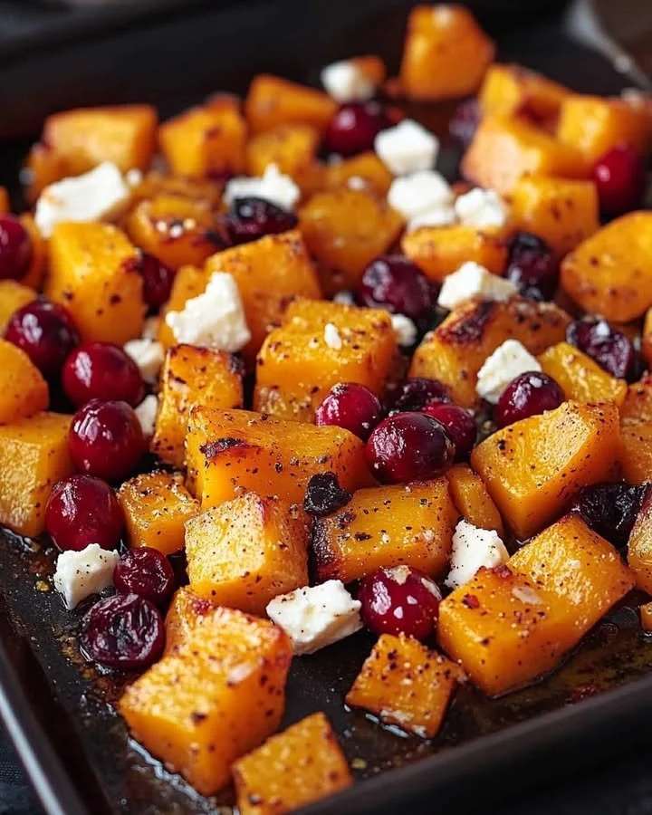 Roasted butternut squash topped with cranberries and feta cheese.