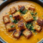 Plate of roasted butternut squash with crunchy homemade croutons