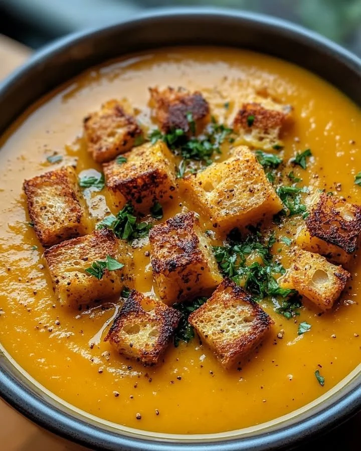 Plate of roasted butternut squash with crunchy homemade croutons