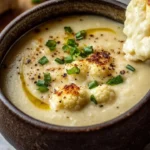 Bowl of roasted cauliflower and garlic cheddar soup garnished with herbs