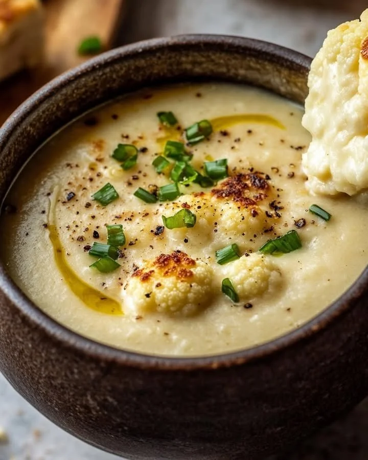 Bowl of roasted cauliflower and garlic cheddar soup garnished with herbs