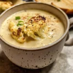 Bowl of roasted cauliflower and garlic cream soup garnished with herbs.