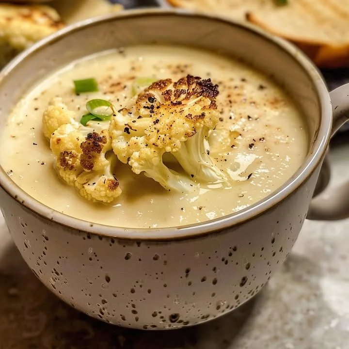 Bowl of roasted cauliflower and garlic cream soup garnished with herbs.