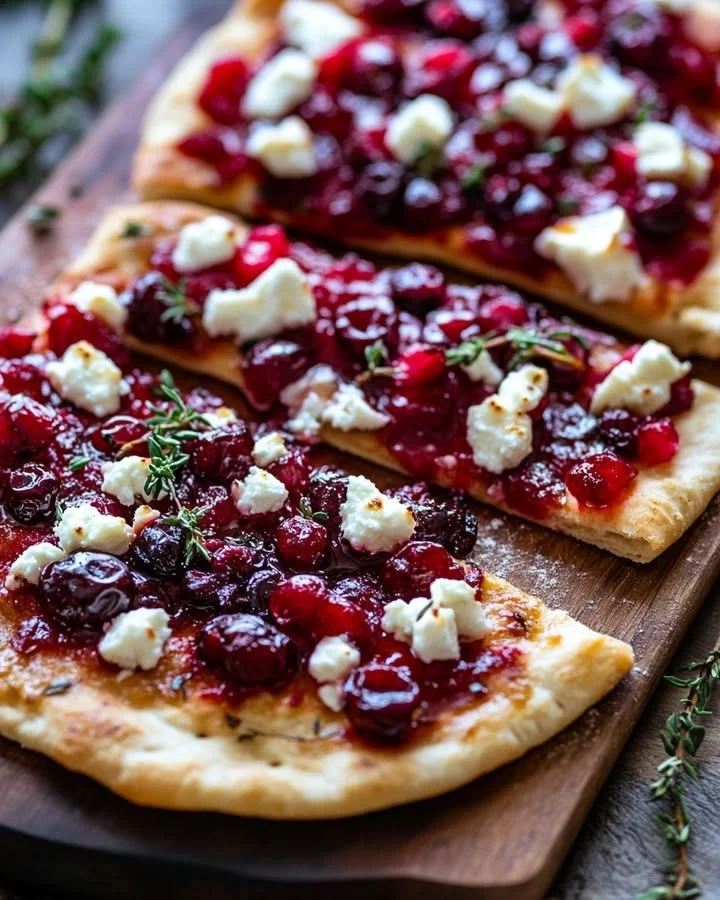Roasted cranberry and goat cheese flatbread ready to serve