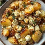 Plate of roasted potatoes topped with baked feta and garlic.