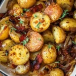 Bowl of roasted red potatoes with crispy bacon and caramelized onion