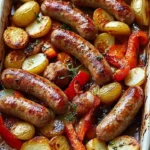 Plate of roasted sausages with colorful peppers, onions, and crispy potatoes