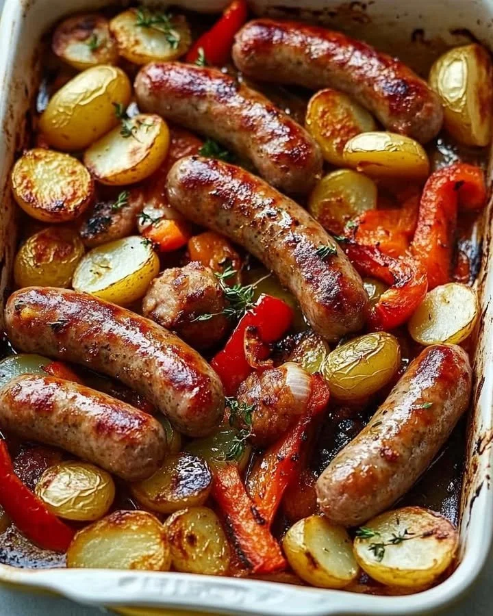 Plate of roasted sausages with colorful peppers, onions, and crispy potatoes
