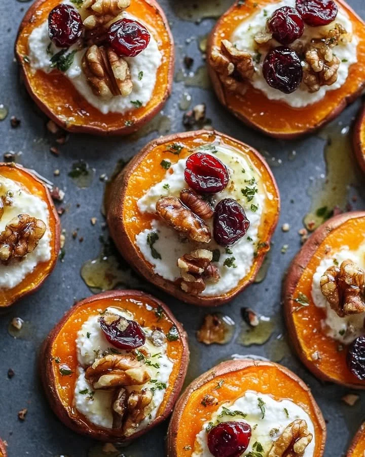 Roasted sweet potato rounds topped with herbed ricotta, walnuts, and cranberries