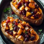 Roasted sweet potatoes stuffed with apple-cranberry filling, showcasing a vibrant dish.