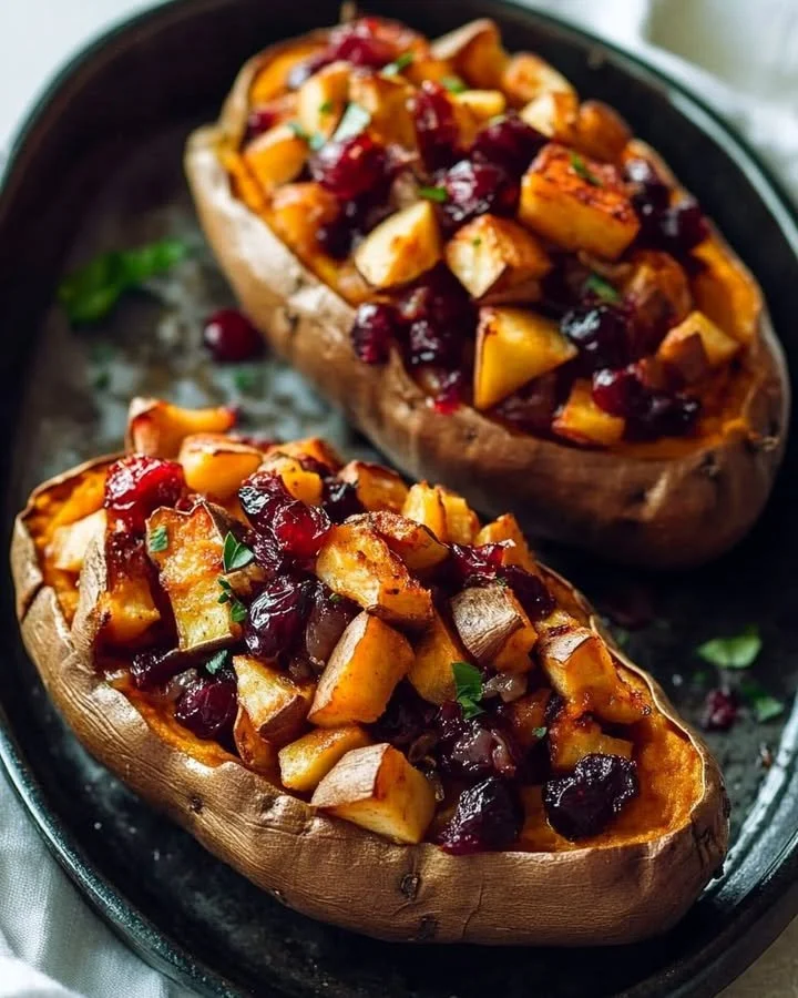 Roasted sweet potatoes stuffed with apple-cranberry filling, showcasing a vibrant dish.