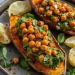 Roasted sweet potatoes with chickpeas and broccoli pesto served on a plate