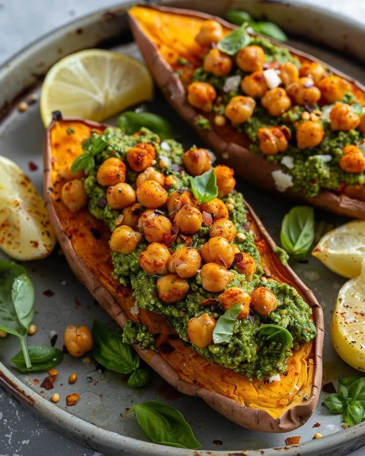 Roasted sweet potatoes with chickpeas and broccoli pesto served on a plate