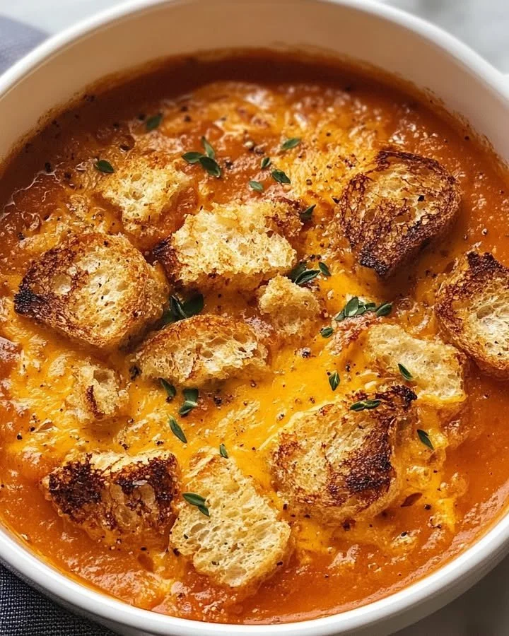 Delicious roasted tomato cheddar soup with crispy sourdough croutons served in a bowl.