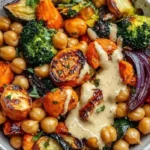 Roasted veggie and chickpea bowls with maple Dijon tahini dressing