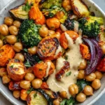 Roasted veggie and chickpea bowl with maple dijon tahini dressing on a plate