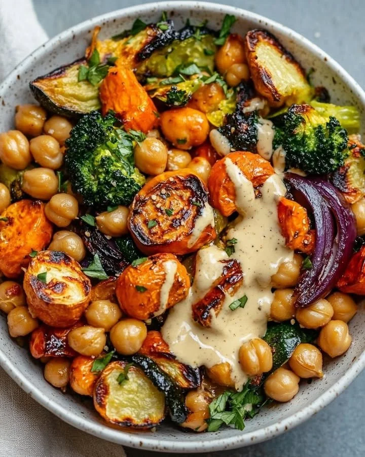 Roasted veggie and chickpea bowl with maple dijon tahini dressing on a plate