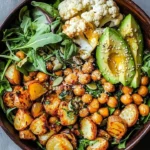 Bowl of roasted veggies and chickpeas drizzled with creamy maple tahini sauce