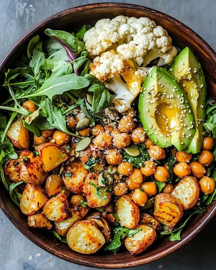 Bowl of roasted veggies and chickpeas drizzled with creamy maple tahini sauce