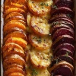 Delicious Root Vegetable Gratin with sweet potatoes, parsnips, and beets baked to perfection