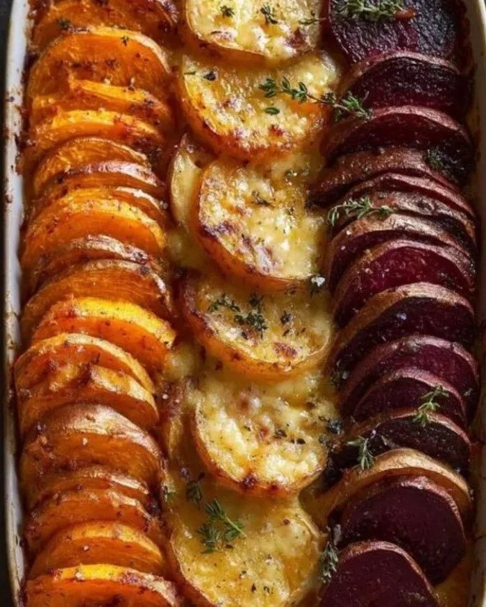 Delicious Root Vegetable Gratin with sweet potatoes, parsnips, and beets baked to perfection