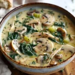 Bowl of rotisserie chicken mushroom soup garnished with fresh herbs