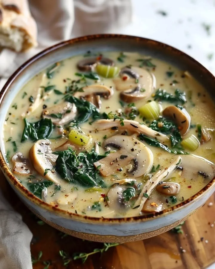 Bowl of rotisserie chicken mushroom soup garnished with fresh herbs