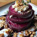 Delicious rustic beet and goat cheese stacks with walnut thyme vinaigrette