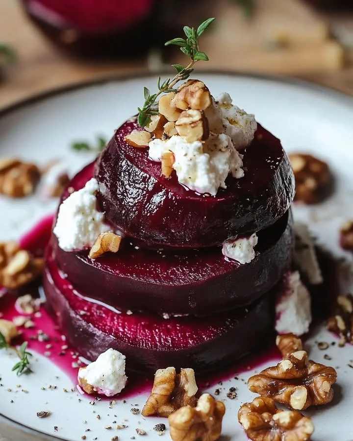 Rustic beet and goat cheese stacks with walnut thyme vinaigrette on a plate