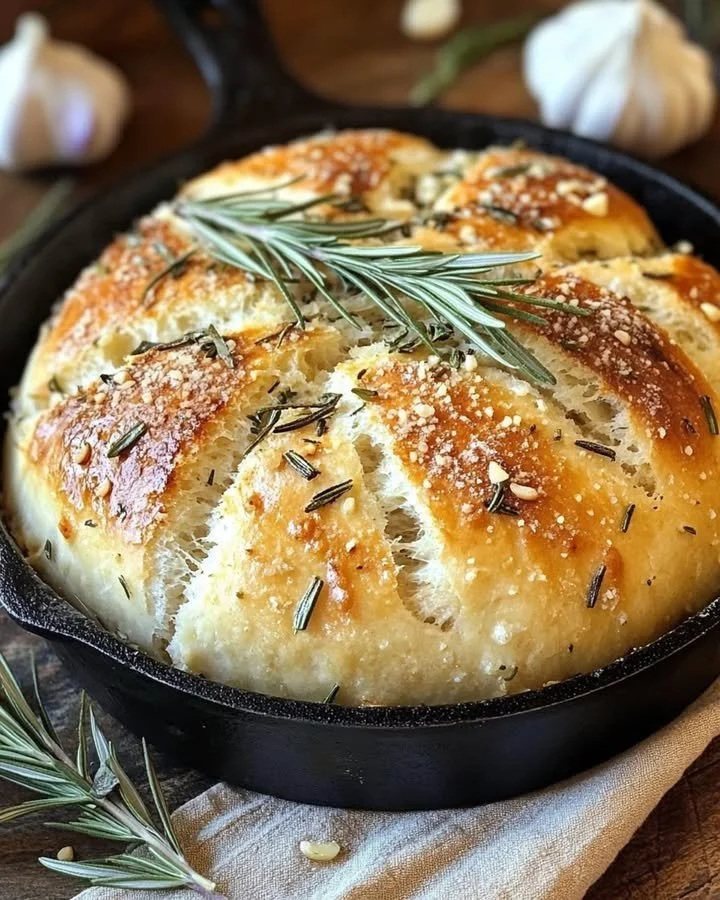 Delicious garlic rosemary skillet bread fresh out of the pan with herbs