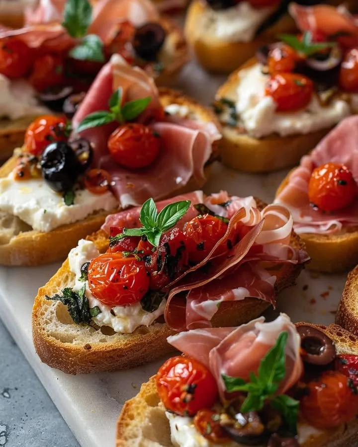 Rustic Italian bruschetta with prosciutto and burrata cheese on a wooden board