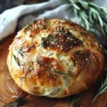 Freshly baked rustic no-knead rosemary garlic bread loaf