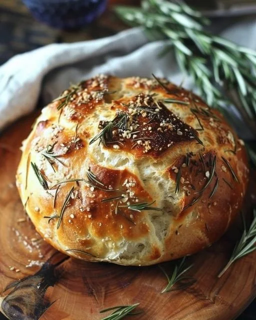 Freshly baked rustic no-knead rosemary garlic bread loaf