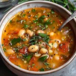 Bowl of Rustic Tuscan Bean Soup garnished with fresh herbs