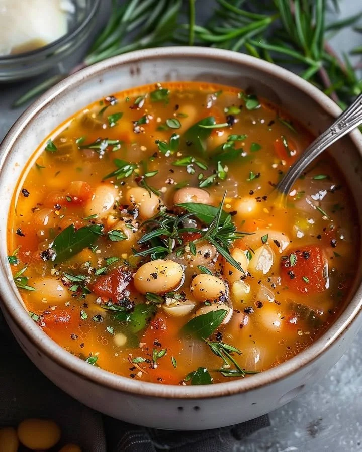 Bowl of Rustic Tuscan Bean Soup garnished with fresh herbs