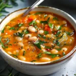 Bowl of Rustic Tuscan Bean Soup with fresh herbs and rustic bread