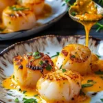 Saffron-infused scallops served elegantly on a plate with garnishes.