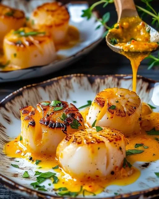 Saffron-infused scallops served elegantly on a plate with garnishes.