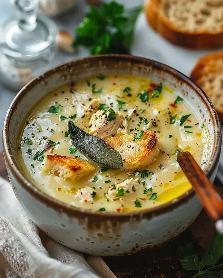 Sage and Garlic Chicken Soup in a bowl, steaming and delicious