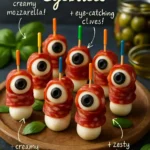 Salami mozzarella eyeballs appetizer served on a platter.