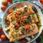 Delicious Salmon fillet topped with sun-dried tomatoes and herbs