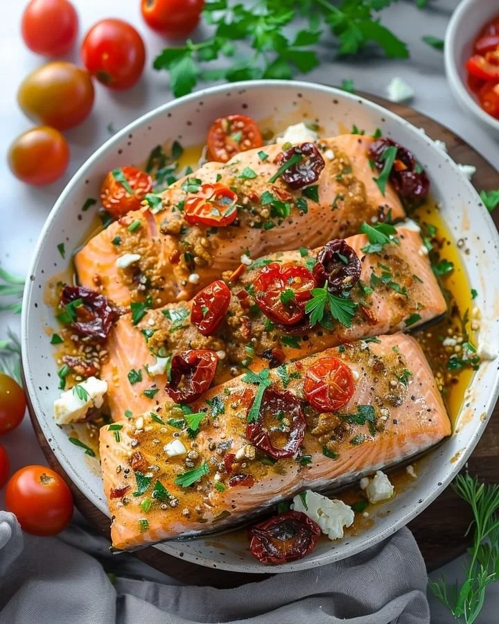Delicious Salmon fillet topped with sun-dried tomatoes and herbs